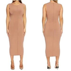 NAKED WARDROBE TAN RIBBED MIDI DRESS